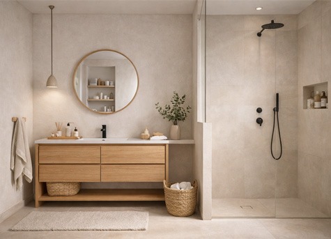 Baño acogedor con mueble de lavabo de madera y diseño minimalista estilo japandi Baño moderno estilo japandi con mueble de lavabo suspendido en madera, espejo redondo, tonos beige y decoración natural