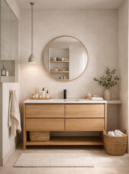 Baño acogedor con mueble de lavabo de madera y diseño minimalista estilo japandi Baño moderno estilo japandi con mueble de lavabo suspendido en madera, espejo redondo, tonos beige y decoración natural