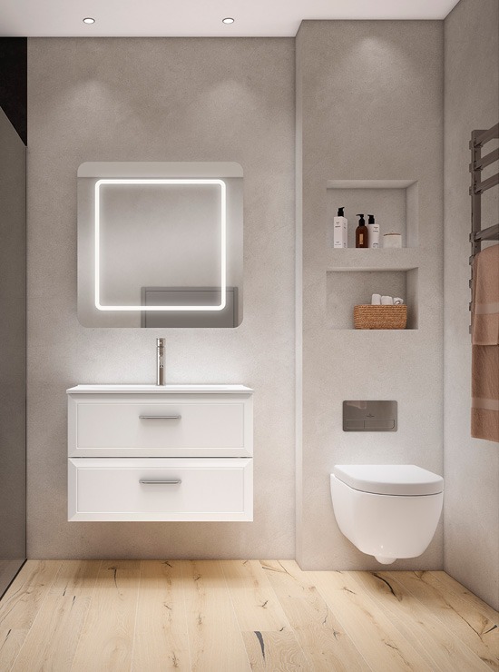 Baño moderno con mueble suspendido blanco, espejo con luz LED y diseño minimalista acogedor Mueble de baño suspendido blanco con espejo retroiluminado, inodoro flotante y nichos integrados en un baño moderno de tonos cálidos