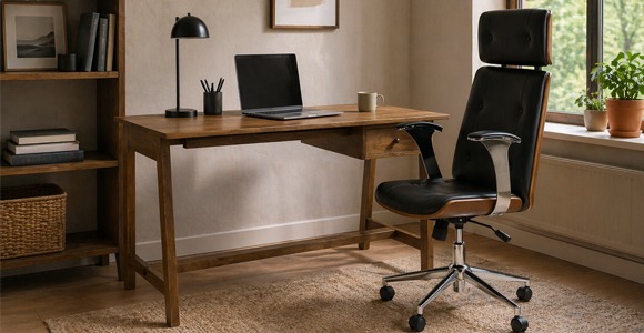 Escritorio de madera con silla de oficina negra en despacho moderno y funcional Escritorio de madera con cajón y silla de oficina negra en espacio de trabajo moderno con portátil y lámpara de mesa