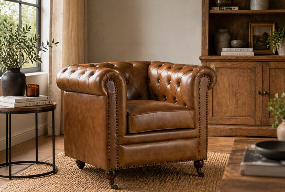 Sillón Chesterfield de cuero marrón en salón de estilo clásico con mobiliario de madera Sillón Chesterfield de piel marrón con capitoné en salón clásico con muebles de madera y decoración cálida