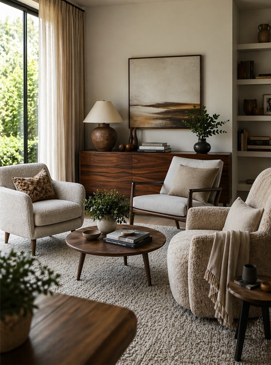Salón moderno con sillones tapizados, mesa de centro de madera y aparador decorativo Salón moderno y acogedor con sillones tapizados en tonos neutros, mesa de centro redonda de madera y aparador con decoración minimalista