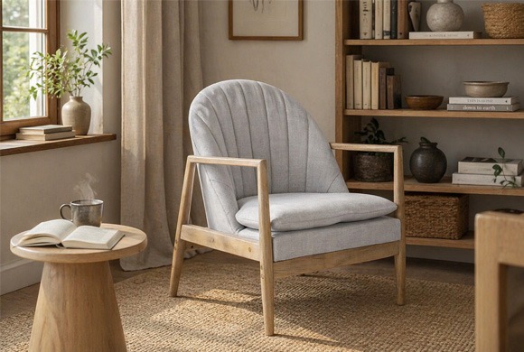Butaca gris con estructura de madera en salón cálido y decorado con estilo natural Butaca tapizada en gris con estructura de madera natural en salón acogedor con mesa auxiliar y estantería decorativa