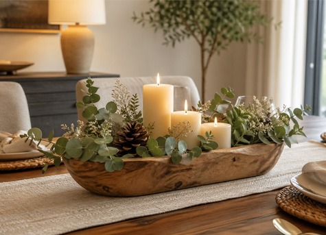 Centro de mesa con velas y decoración natural Centro de mesa decorativo con velas, piñas y hojas verdes en bandeja de madera