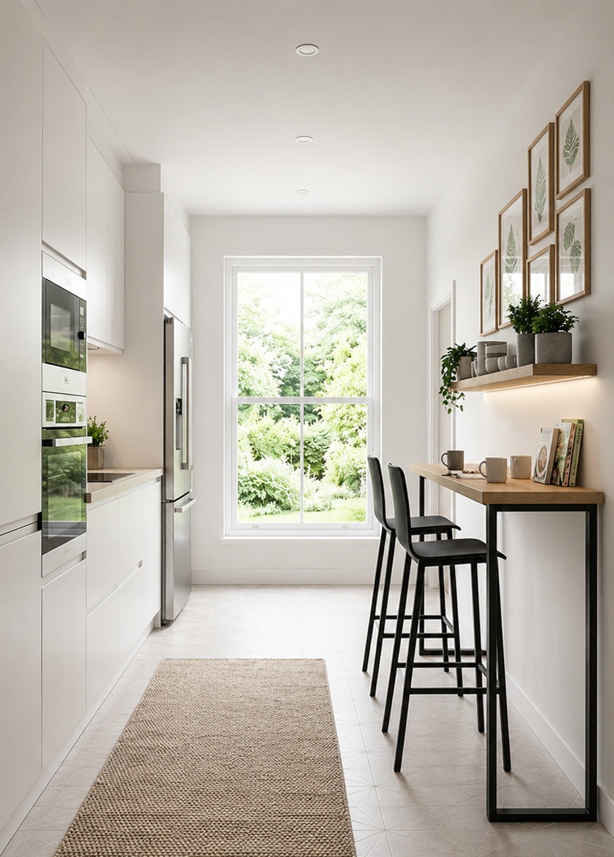 Cocina moderna estrecha con barra alta y dos taburetes negros junto a ventana panorámica. Cocina alargada y estrecha de estilo moderno con muebles blancos de suelo a techo, gran ventana al fondo, barra alta de madera junto a la pared y dos taburetes negros, en un espacio luminoso y funcional.