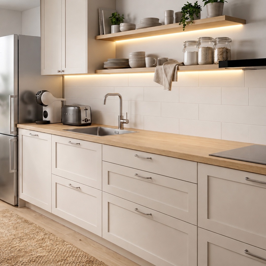 Cocina barata bien aprovechada con iluminación LED Cocina económica con muebles blancos, encimera de madera, estantes abiertos e iluminación LED bajo baldas