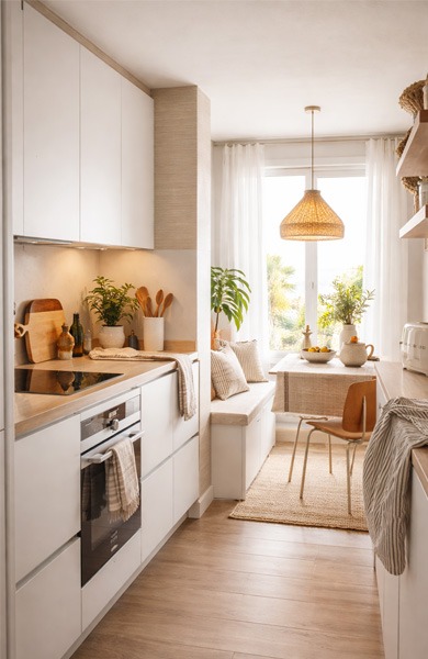 Cocina blanca con comedor integrado y lámpara de mimbre en ambiente luminoso Cocina blanca moderna con zona de comedor, mesa pequeña, lámpara de mimbre y luz natural