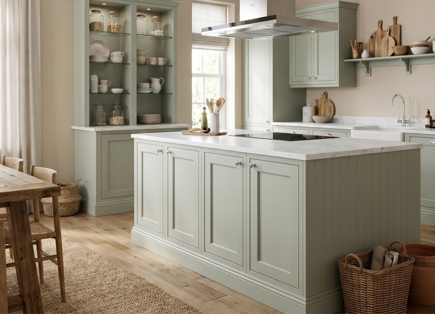 Cocina con isla central verde salvia de estilo clásico contemporáneo Cocina elegante con isla central verde salvia, encimera efecto mármol, vitrinas decorativas y suelo de madera natural.