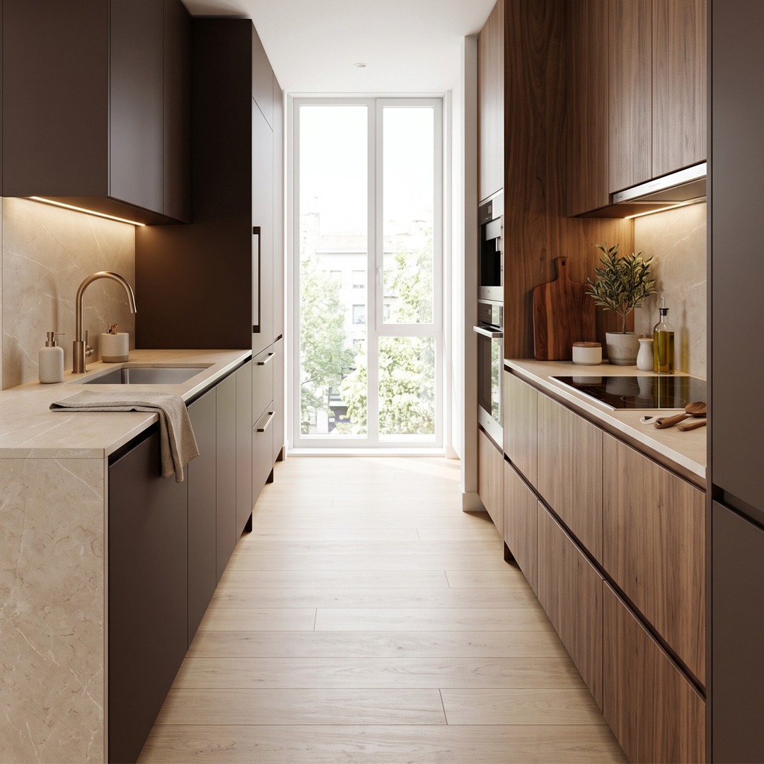 Cocina grande alargada con diseño elegante y funcional Cocina alargada de gran tamaño con muebles en tonos oscuros y madera, encimera efecto piedra y gran ventanal