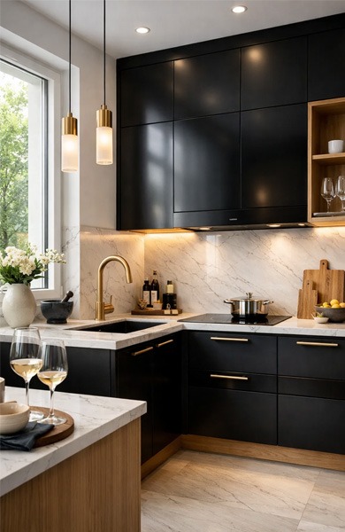 Cocina negra elegante con detalles en dorado y encimera de mármol iluminada Cocina moderna negra con encimera de mármol, grifería dorada y lámparas colgantes
