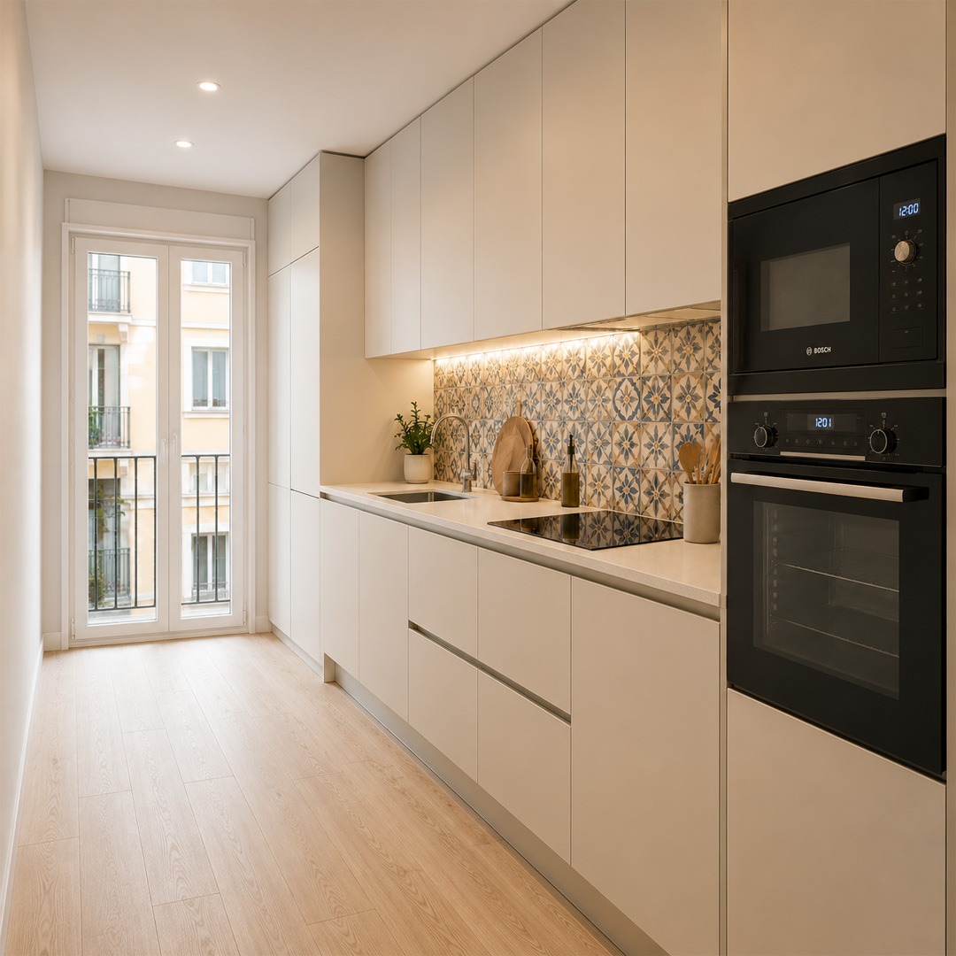 Cocina pequeña alargada para aprovechar el espacio Cocina pequeña alargada con muebles blancos hasta el techo, salpicadero hidráulico y electrodomésticos integrados