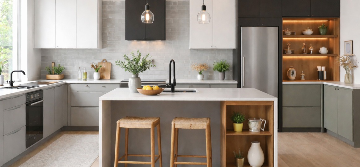 Cocina moderna con isla y muebles en gris y blanco con iluminación decorativa Cocina moderna con isla central blanca, taburetes de madera, muebles en gris y blanco y estantería iluminada