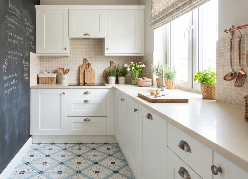 Cocina nórdica blanca en forma de U con suelo hidráulico decorativo y gran luminosidad. Cocina moderna en U con muebles blancos, encimera de color claro, suelo hidráulico geométrico, ventana luminosa y detalles decorativos en madera natural.