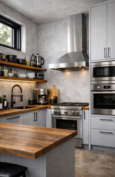 Cocina gris contemporánea con madera y acabados industriales en acero inoxidable Cocina moderna gris con encimera de madera, estanterías abiertas y electrodomésticos de acero inoxidable