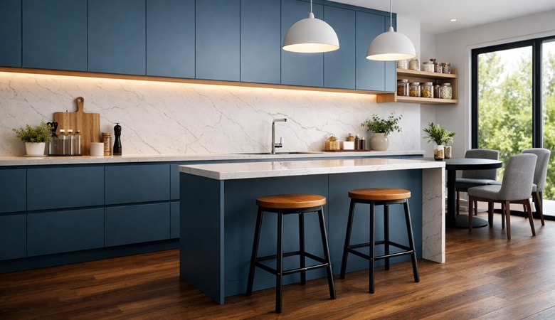 Cocina azul petróleo con isla y diseño contemporáneo en tonos madera y blanco Cocina moderna azul petróleo con isla central, taburetes y encimera blanca con iluminación integrada