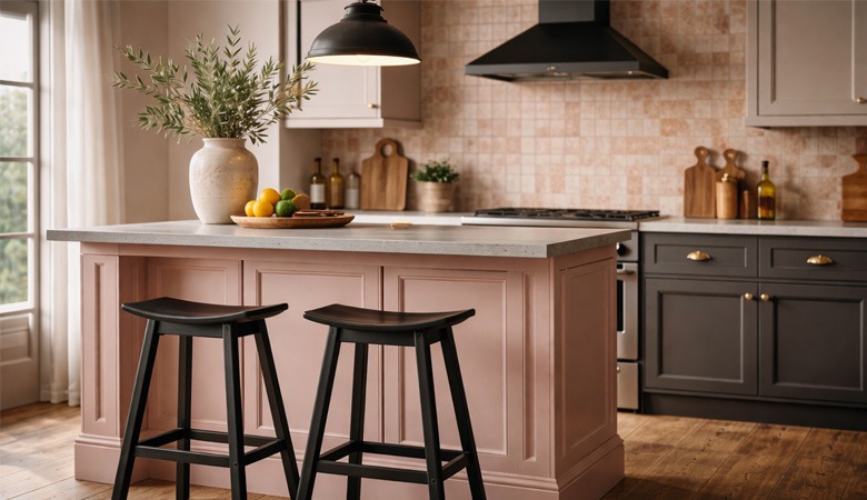 Cocina rosa con isla y estilo elegante combinada con muebles grises Cocina moderna en tonos rosa y gris con isla central, taburetes negros y encimera clara