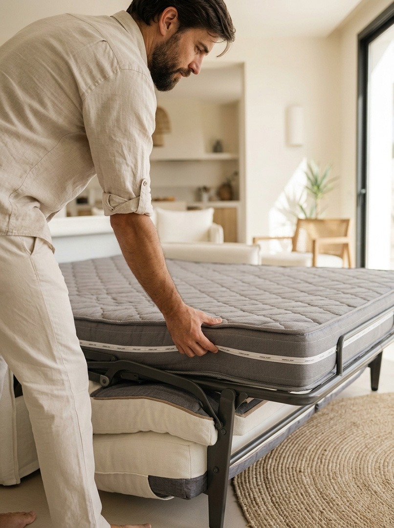 Grosor del colchón de un sofá cama Hombre comprobando el grosor del colchón de un sofá cama abierto