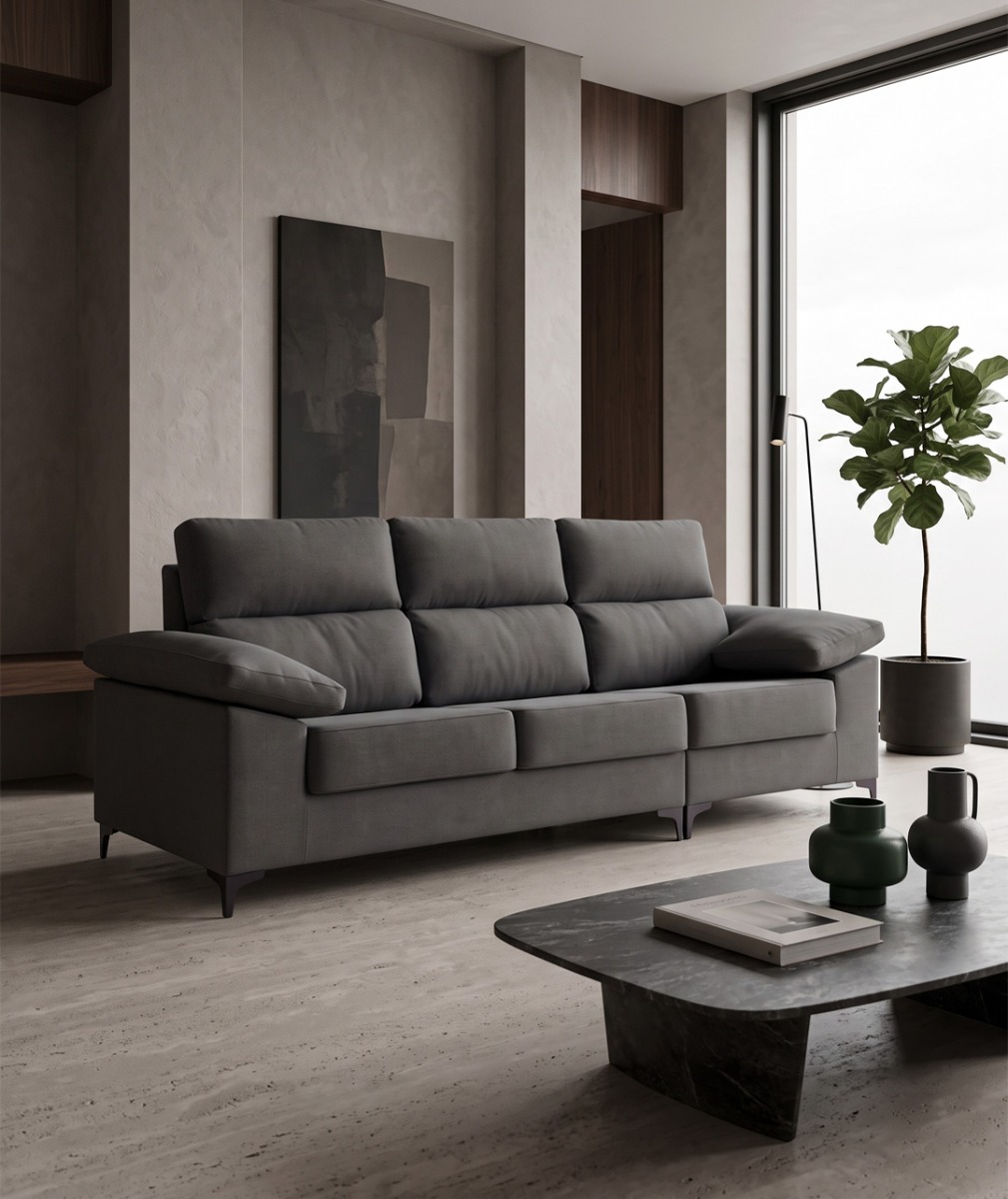 Sofá gris antracita para un salón moderno y contemporáneo Sofá gris antracita en un salón moderno de tonos neutros, madera oscura y decoración minimalista.