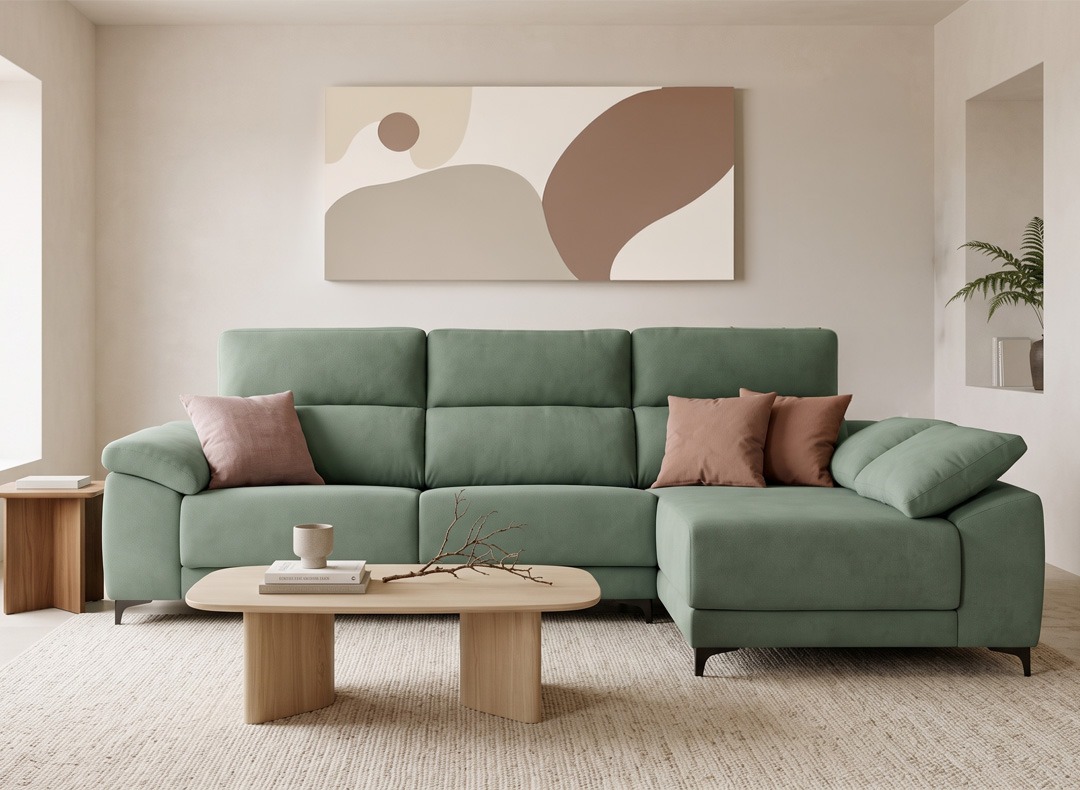 Cómo decorar un salón con un sofá de color verde Sofá chaise longue verde combinado con cojines rosa y terracota en un salón de tonos neutros y madera clara.