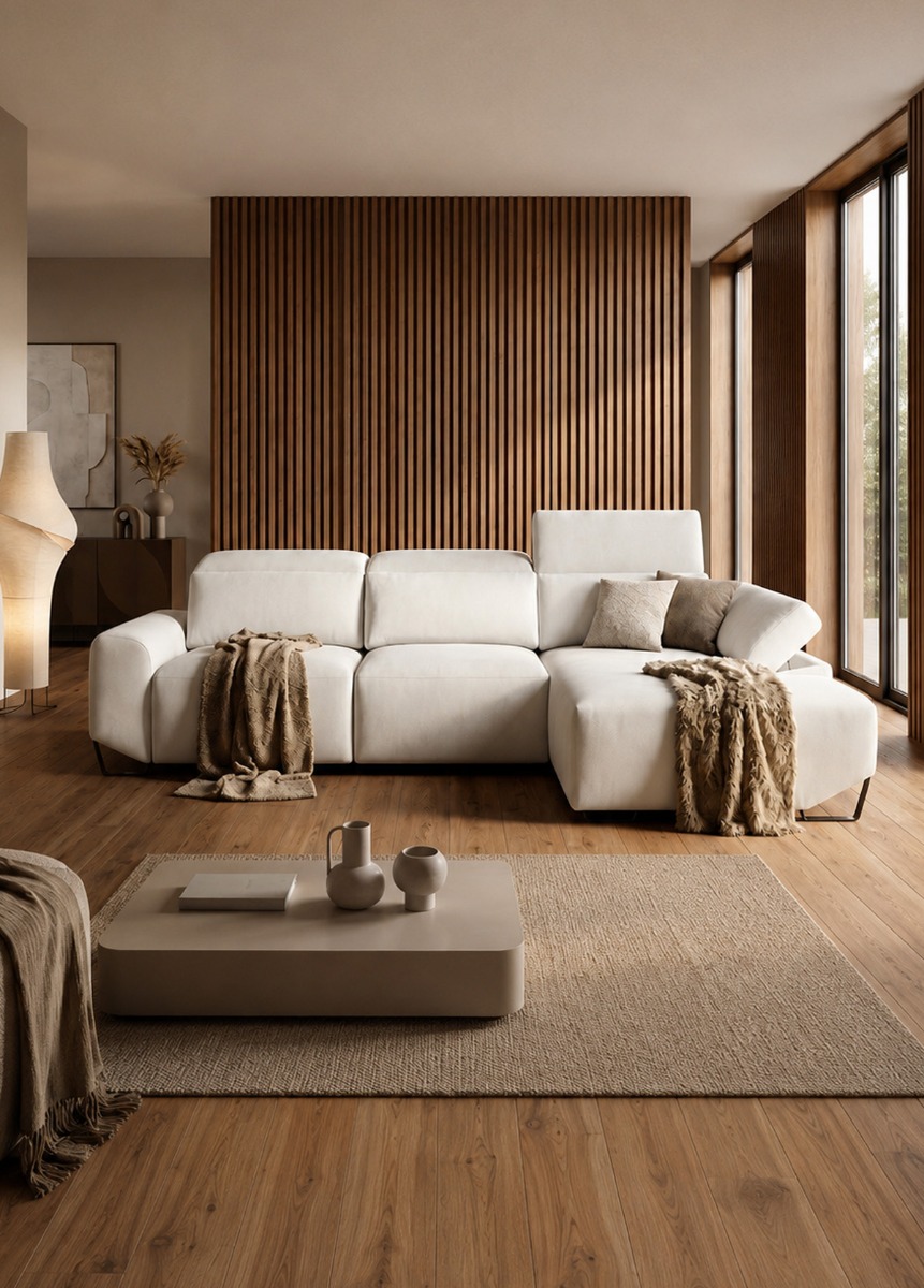Salón moderno con sofá chaise longue blanco y decoración cálida contemporánea Salón moderno y elegante con sofá chaise longue blanco, paneles de madera verticales, grandes ventanales y decoración minimalista en tonos cálidos y naturales.