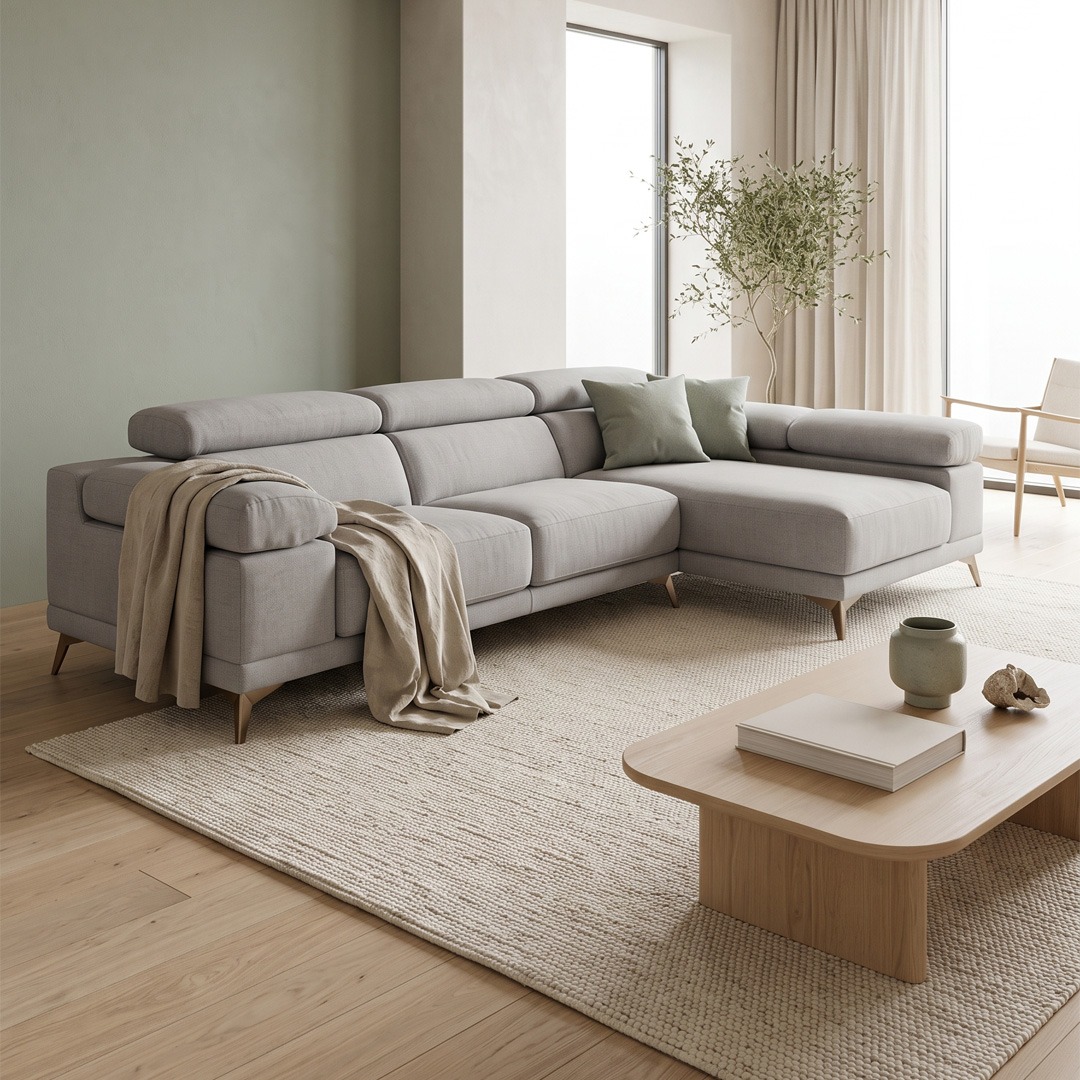 Ideas para combinar un sofá gris claro Sofá gris claro con chaise longue combinado con tonos beige, verde suave y madera natural