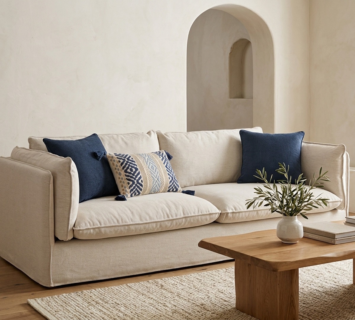 Ideas para combinar los colores de los cojines Sofá beige con dos cojines azul marino y un cojín estampado en azul y crema