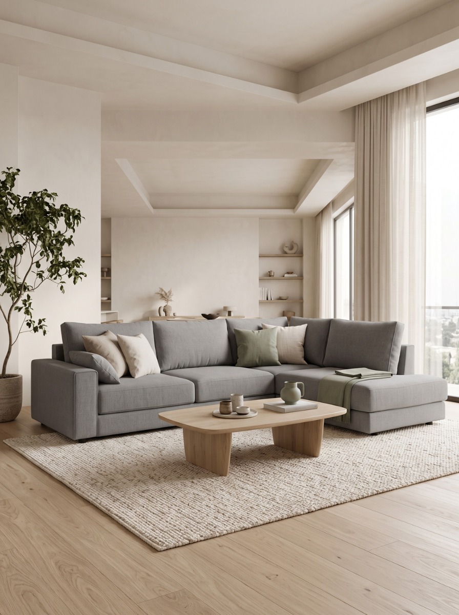 Cómo combinar un sofá gris en el salón Salón luminoso con sofá gris, cojines en tonos neutros y mesa de centro de madera