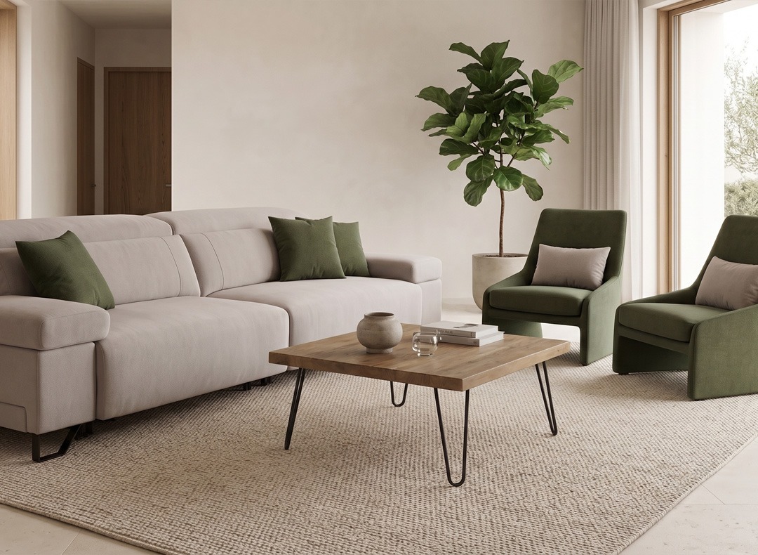 Cómo combinar un sofá neutro con sillones de otro color Sofá beige combinado con dos sillones verde oliva y cojines coordinados en un salón contemporáneo.