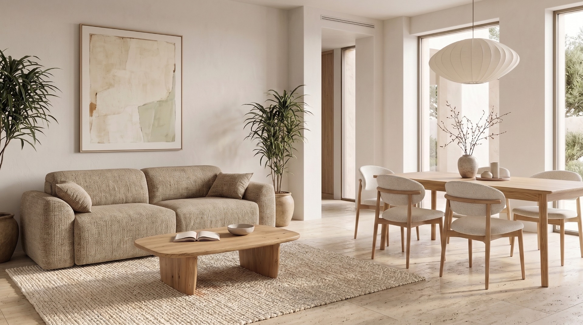 Tendencias en decoración de salón Salón moderno con sofá curvo, iluminación de diseño, muebles de madera y decoración en tonos neutros siguiendo las últimas tendencias de interiorismo.