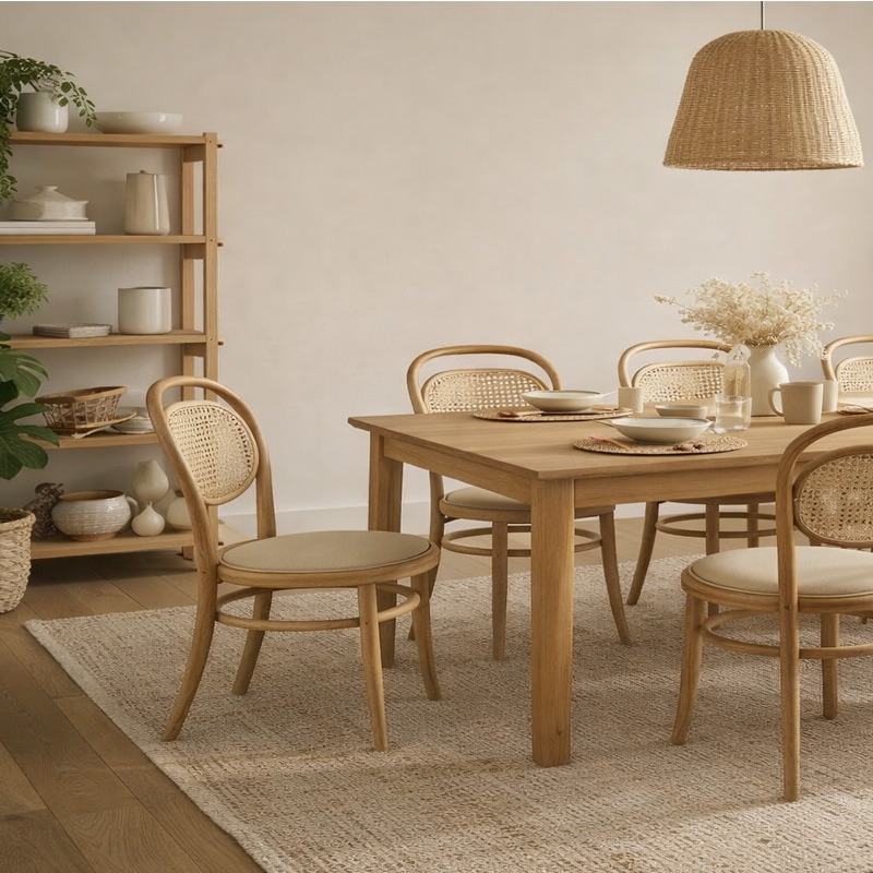 Comedor con mesa de madera y sillas de ratán estilo natural Comedor de estilo natural con mesa de madera y sillas de ratán, decoración cálida en tonos beige