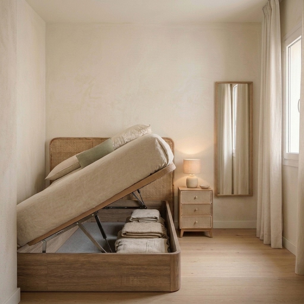 Almacenaje bajo la cama para guardar textiles Canapé abierto con ropa de cama guardada en su interior, cabecero de rejilla y espejo vertical junto a la ventana.