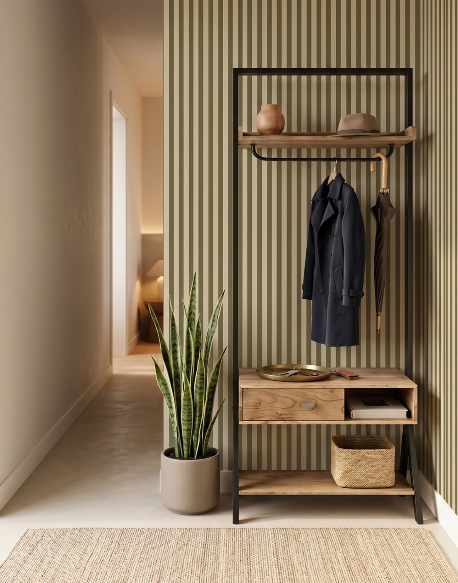 Ideas para decorar un recibidor moderno y funcional Recibidor moderno con perchero abierto de madera y metal y espacio de almacenaje