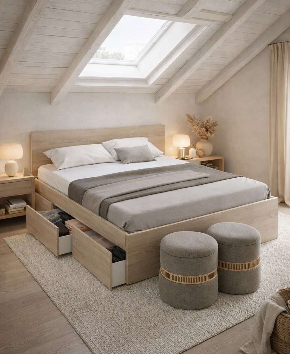 Dormitorio acogedor con cama con cajones y puffs decorativos en buhardilla Dormitorio de matrimonio en buhardilla con cama de madera con almacenaje y puff tapizados a los pies en ambiente cálido y acogedor