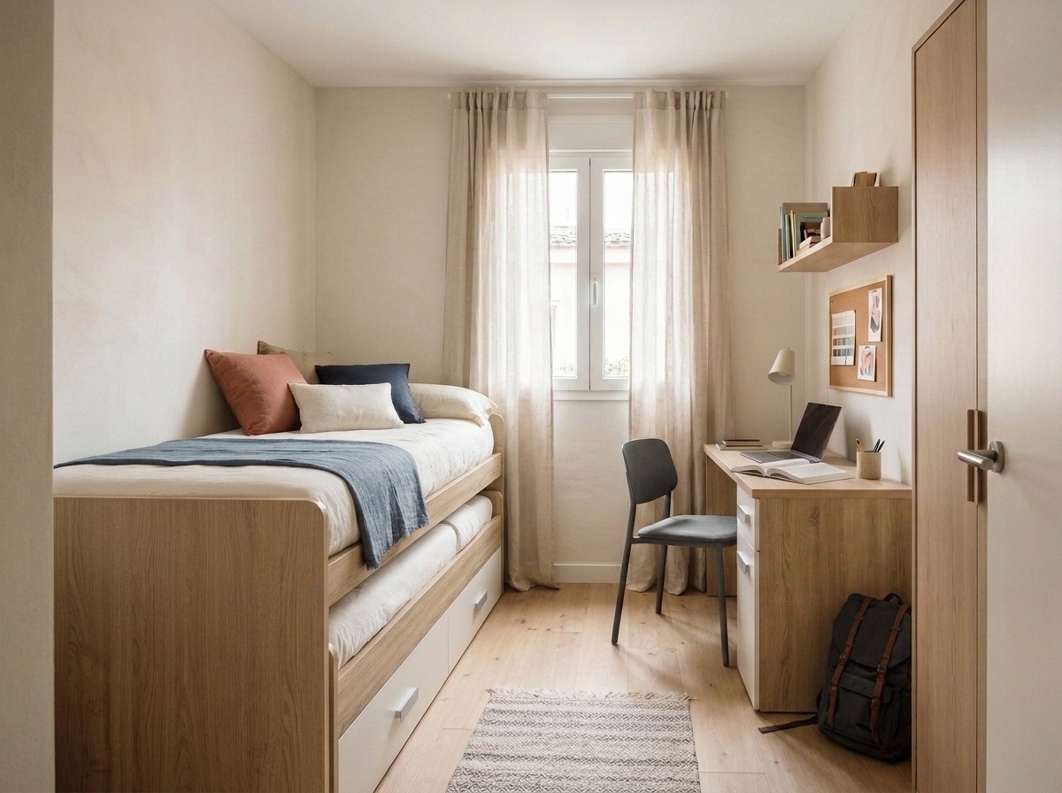 Dormitorio juvenil pequeño con zona de estudio Dormitorio juvenil pequeño con cama nido, escritorio con ordenador, silla y estante para libros junto a la ventana.