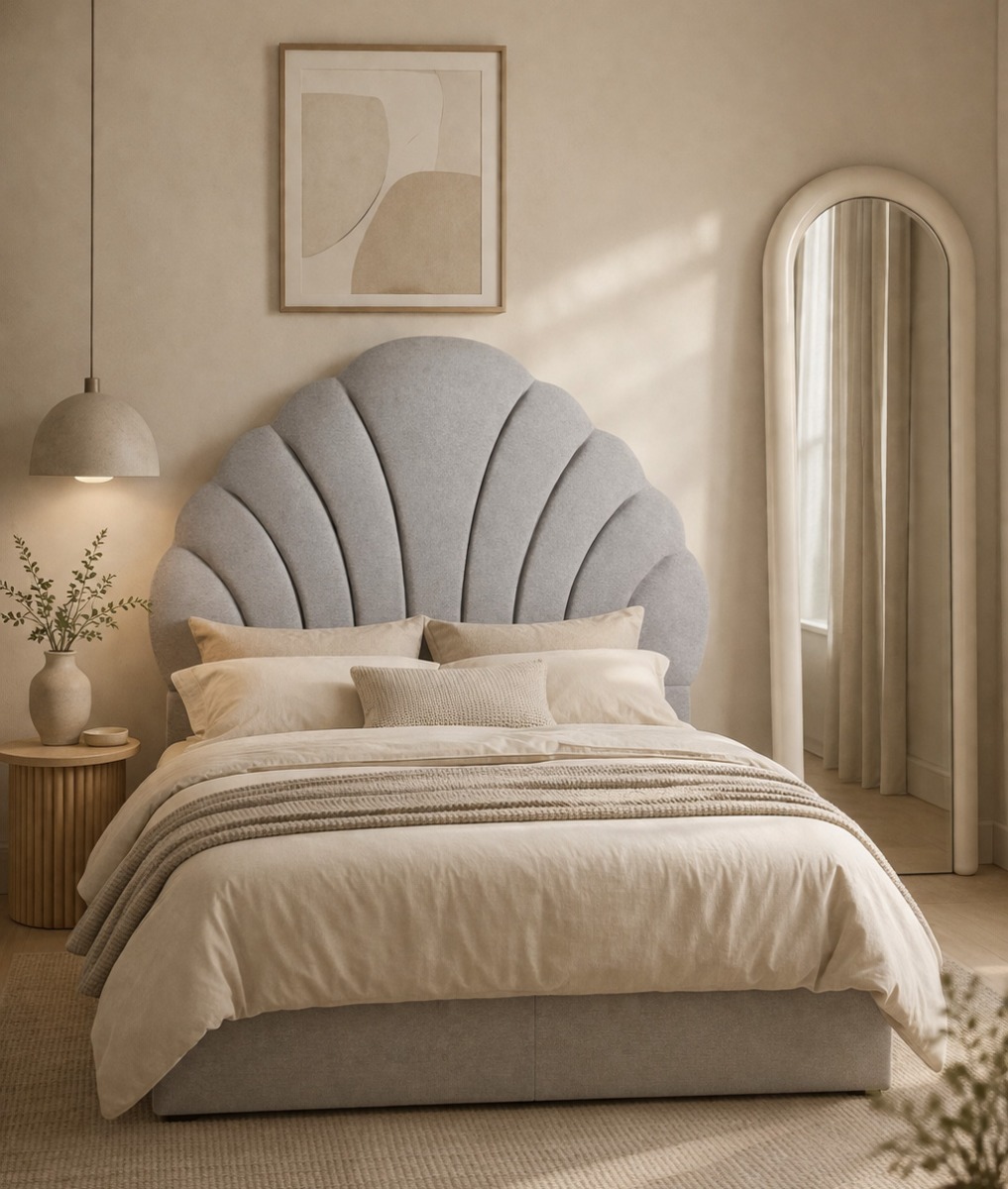 Dormitorio con cabecero tapizado diseño concha y estilo neutro y sofisticado Dormitorio elegante con cabecero tapizado en forma de concha, ropa de cama en tonos beige y decoración minimalista