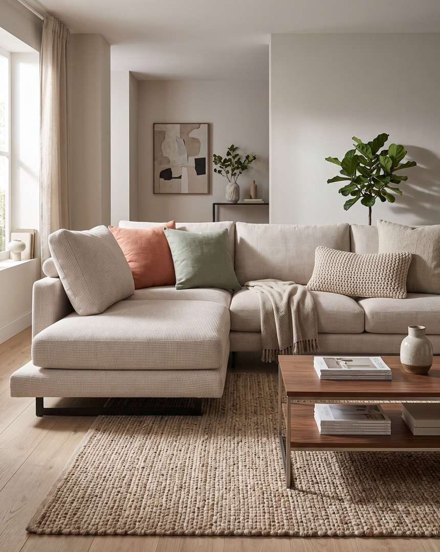 Cómo elegir cojines para el sofá Sofá chaise longue beige con cojines en tonos neutros, verde suave y terracota en un salón luminoso