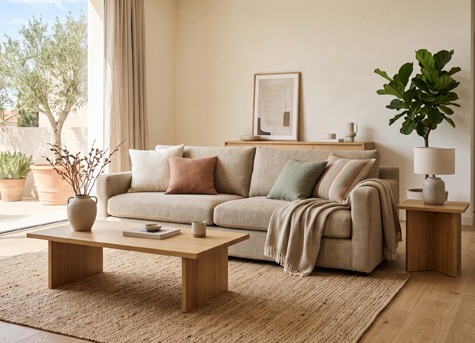 Cómo elegir el color del sofá para el salón Sofá beige con cojines en tonos tierra y verde en un salón cálido con madera natural y luz exterior.