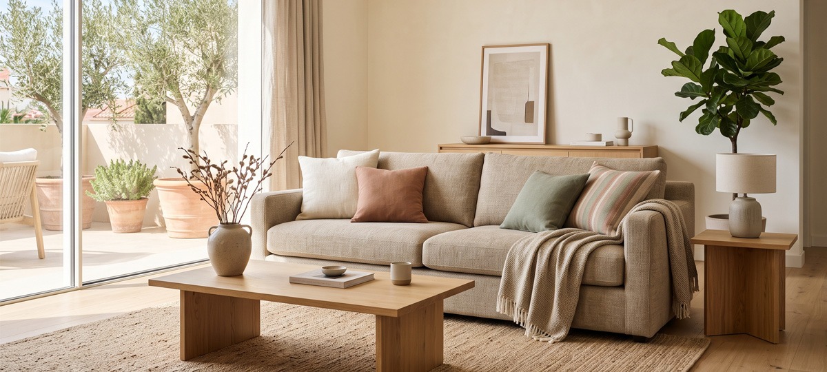 Cómo elegir el color del sofá para el salón Sofá beige con cojines en tonos tierra y verde en un salón cálido con madera natural y luz exterior.