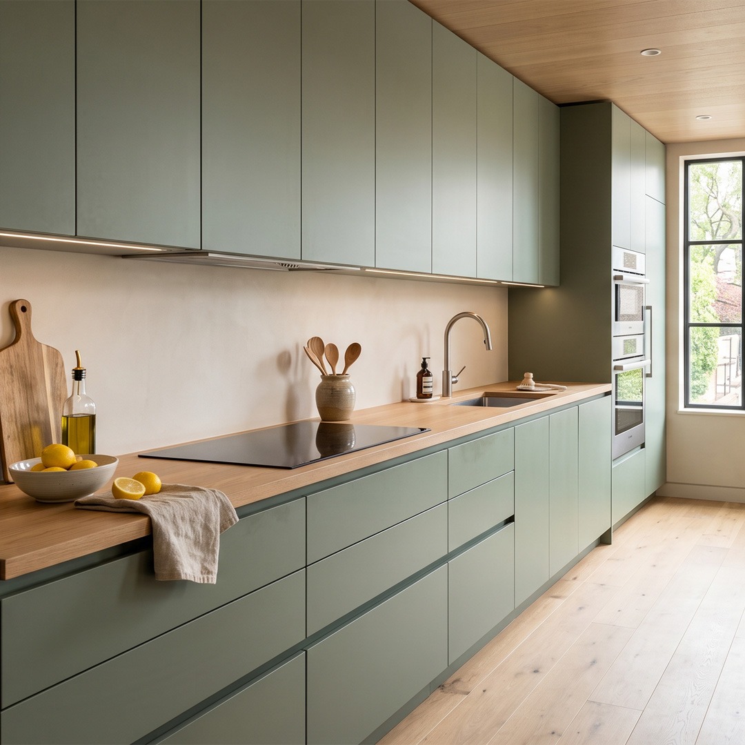 Encimera continua para una cocina más amplia y práctica Cocina lineal verde salvia con una encimera continua de madera que recorre toda la pared