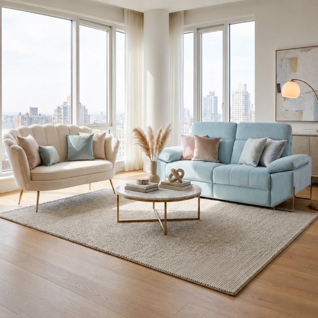 Sofá azul claro y sillón beige en salón moderno Salón moderno con sofá azul claro y sillón beige de diseño elegante junto a mesa de centro redonda y grandes ventanales.