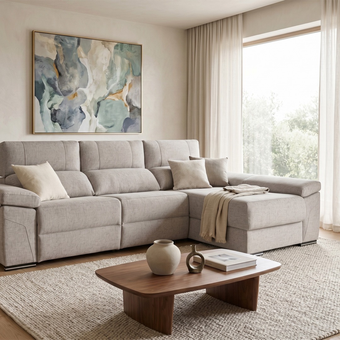 Cómo decorar un salón con sofá gris Sofá gris claro con chaise longue combinado con tonos neutros, madera y decoración en colores suaves