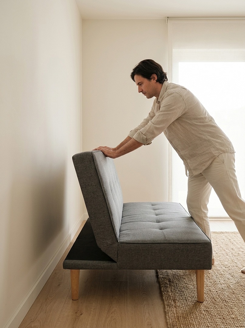 Espacio necesario para abrir un sofá cama Hombre abriendo un sofá cama dejando espacio libre entre el respaldo y la pared