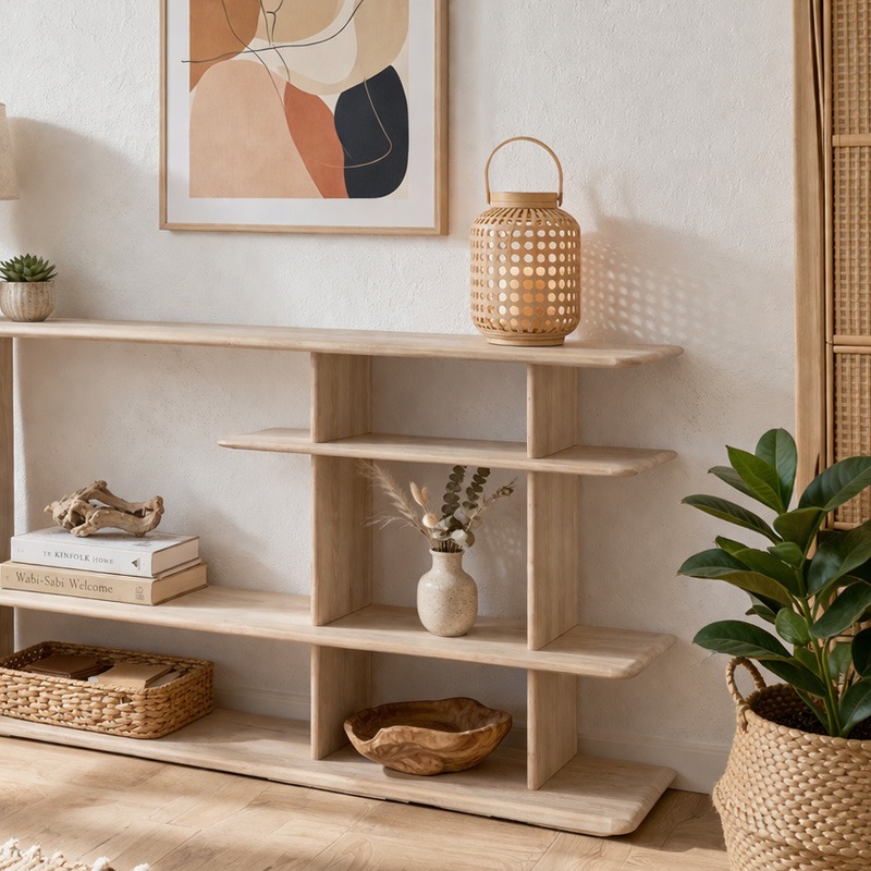 Estantería de madera moderna con decoración natural Estantería baja de madera con diseño minimalista y decoración natural con plantas y cerámica