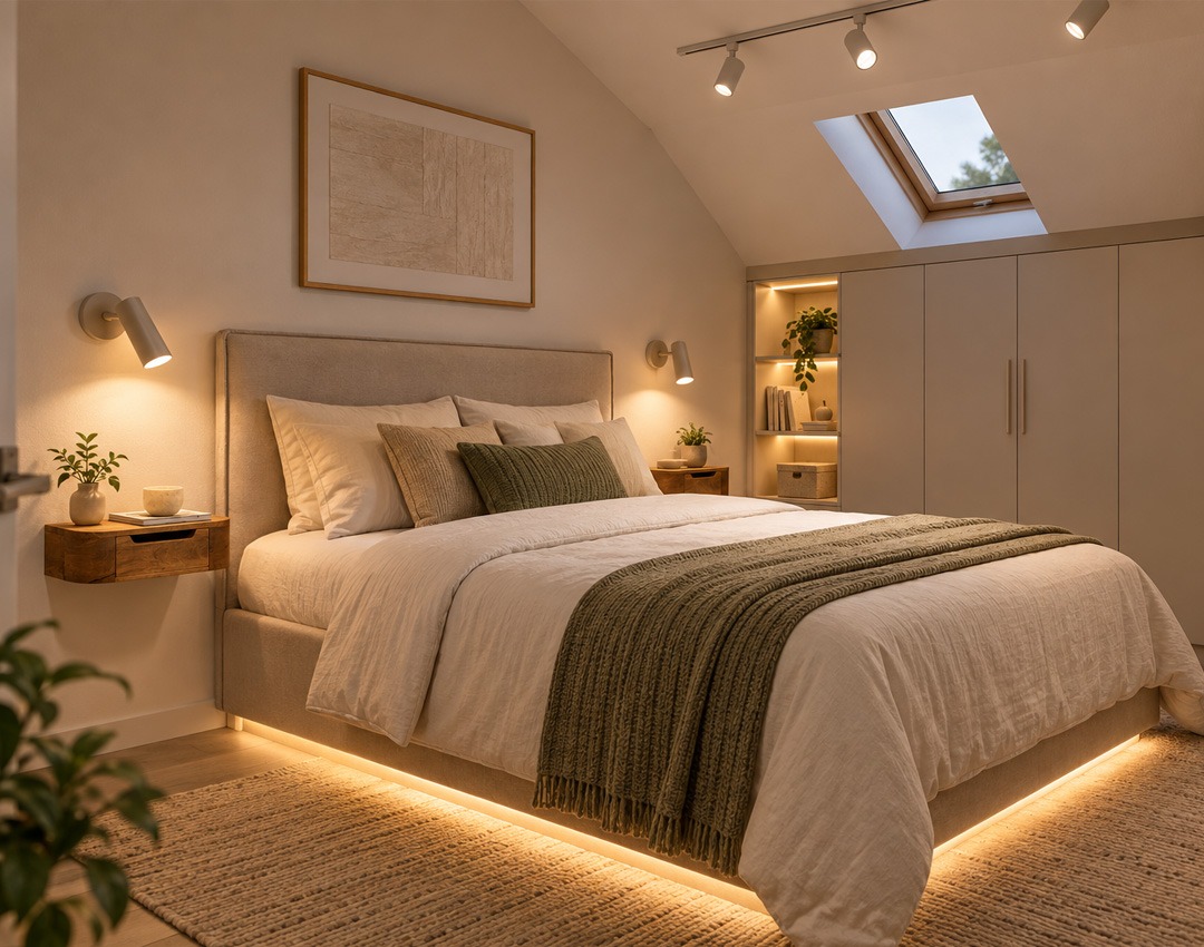 Ideas de iluminación para habitaciones pequeñas Dormitorio pequeño con apliques de pared, mesitas flotantes, focos de techo y luz LED cálida bajo la cama.