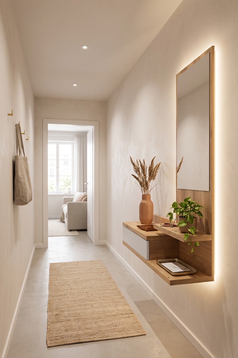 Iluminación para un pasillo con recibidor moderno Pasillo luminoso con recibidor suspendido de madera, espejo vertical e iluminación ambiental