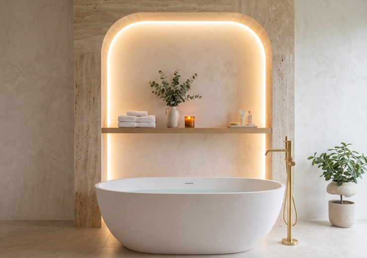 Iluminación indirecta para la zona de la bañera Bañera exenta con iluminación LED indirecta integrada en un nicho de pared de estilo spa