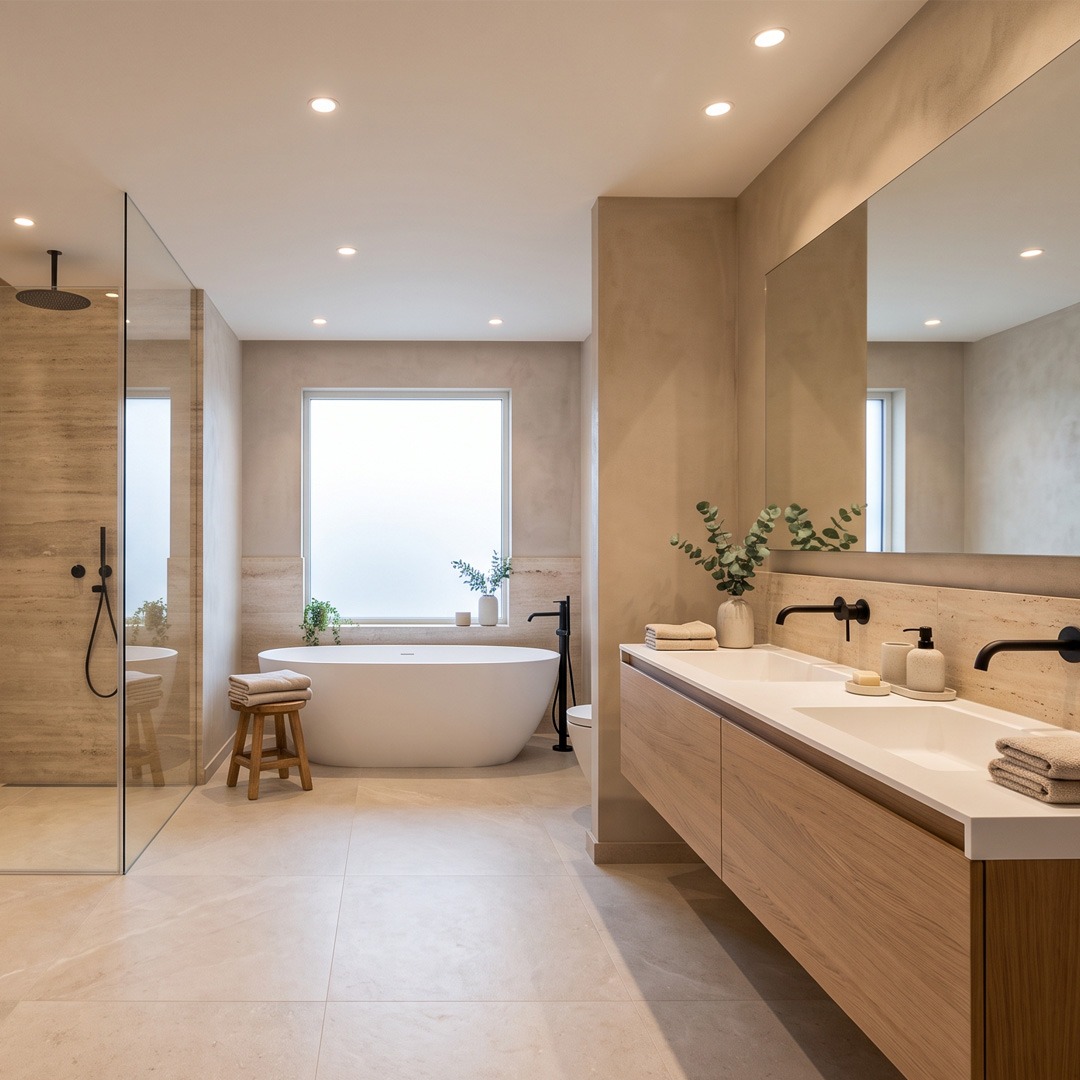Iluminación ambiental para baños Baño amplio con focos empotrados e iluminación cálida para crear un ambiente relajante