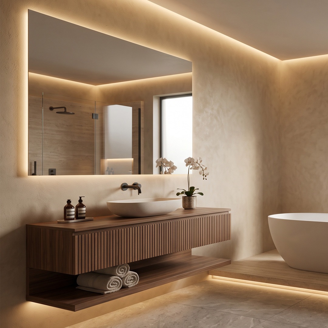 Iluminación decorativa con LED en baño Baño moderno con tiras LED ocultas en techo, espejo y mueble suspendido