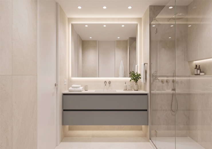Iluminación para baños pequeños Baño pequeño con espejo retroiluminado y focos empotrados para maximizar la luminosidad
