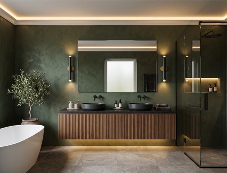 Tipos de iluminación para baños modernos Baño contemporáneo con diferentes tipos de iluminación LED: techo, espejo, mueble y ducha